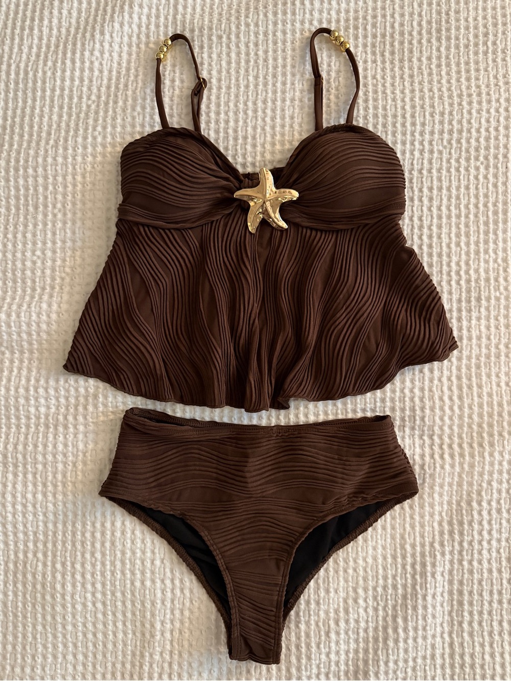 Dark Brown Gold Accents Starfish Tankini Bathing Suit Size Small